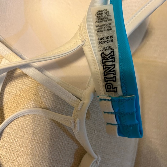 PINK Victoria's Secret Aqua/Blue/White Bikini Top T-Back Padded women’s Sz D-DD - Picture 13 of 13